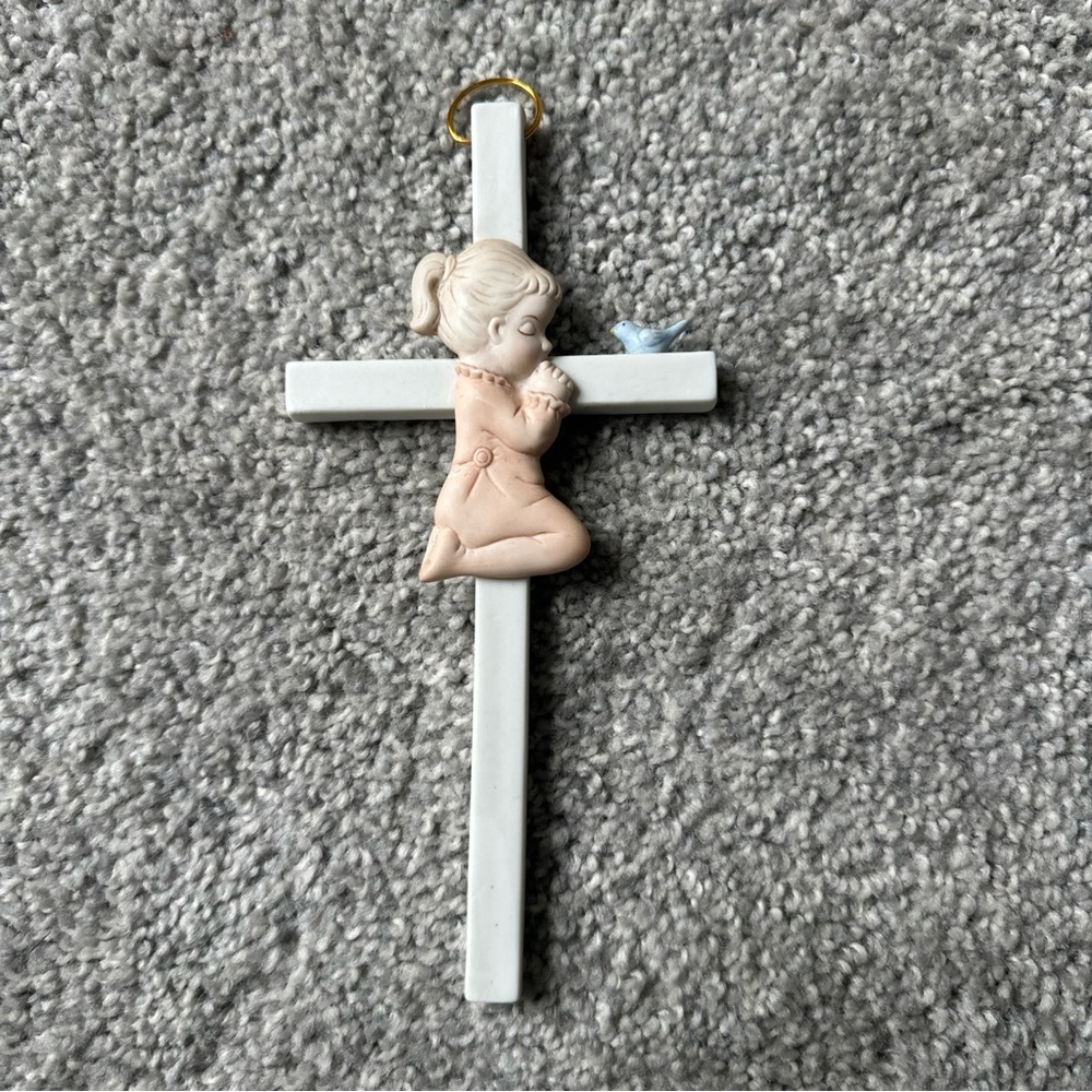 Vintage Hand-Painted Lefton 1985 Cross with Girl Praying and Blue Bird